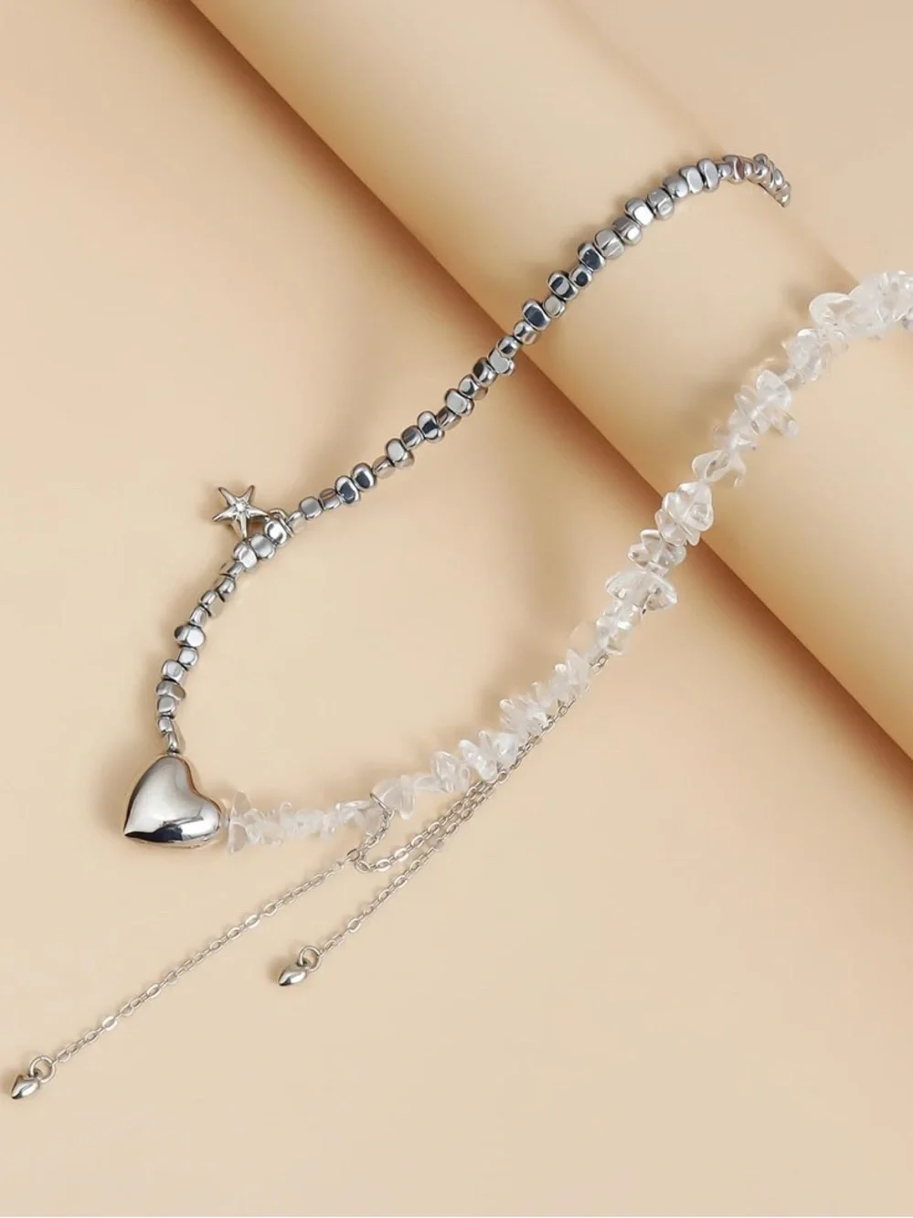 Anthropologie Silver Heart & Clear Bead Layered Necklace